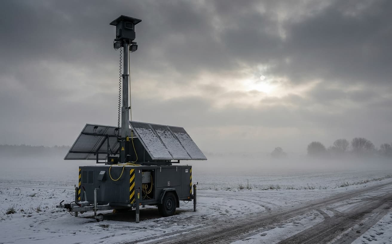 Solarpaneele auf mobilen Videotürmen: die Marketinglüge des deutschen Winters